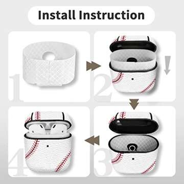 MOLOVA Case for Airpods 1&2 Case,Front LED Visible,PC Plastic Inner + PU Vegan Leather Pattern Skin Cute Funny Cool Skin Fashion Stylish Cover Shock Proof with Keychain for Boys Girls Teens (Baseball)