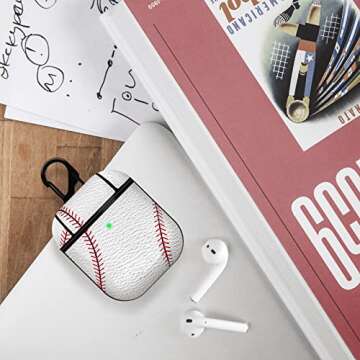 MOLOVA Case for Airpods 1&2 Case,Front LED Visible,PC Plastic Inner + PU Vegan Leather Pattern Skin Cute Funny Cool Skin Fashion Stylish Cover Shock Proof with Keychain for Boys Girls Teens (Baseball)