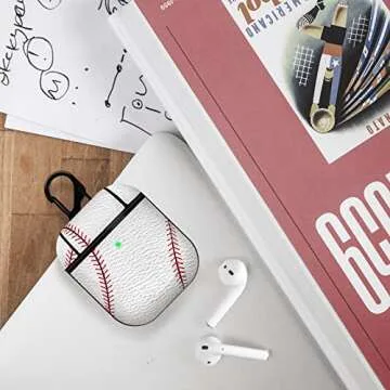MOLOVA Case for Airpods 1&2 Case,Front LED Visible,PC Plastic Inner + PU Vegan Leather Pattern Skin Cute Funny Cool Skin Fashion Stylish Cover Shock Proof with Keychain for Boys Girls Teens (Baseball)