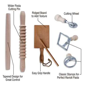 Complete 6 Pcs Pasta Making Tool Set Includes Two Ravioli Stamp Maker Cutter And Roller Wheel Set, Two Pasta Rolling Pins, Gnocchi Board By Cotswold Homeware Co