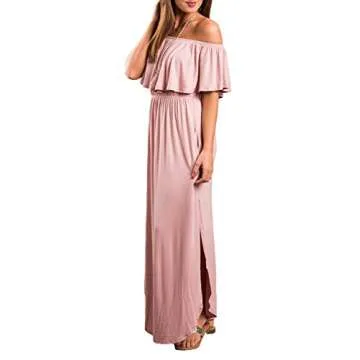 Womens Off The Shoulder Ruffle Party Dress Side Split Beach Long Maxi Dresses Pink S