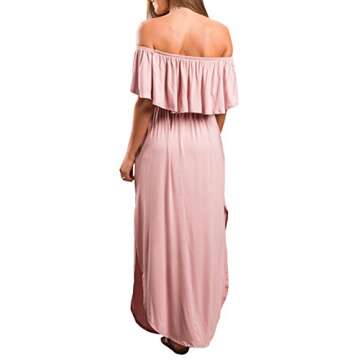 Womens Off The Shoulder Ruffle Party Dress Side Split Beach Long Maxi Dresses Pink S