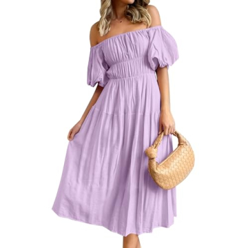 ZESICA Women's Sexy Boho Off Shoulder Puff Short Sleeve High Waist Ruffled Flowy A Line Beach Party ...