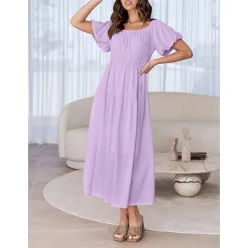 ZESICA Women's Sexy Boho Off Shoulder Puff Short Sleeve High Waist Ruffled Flowy A Line Beach Party Midi Dress,Purple,Large