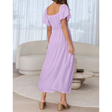 ZESICA Women's Sexy Boho Off Shoulder Puff Short Sleeve High Waist Ruffled Flowy A Line Beach Party Midi Dress,Purple,Large