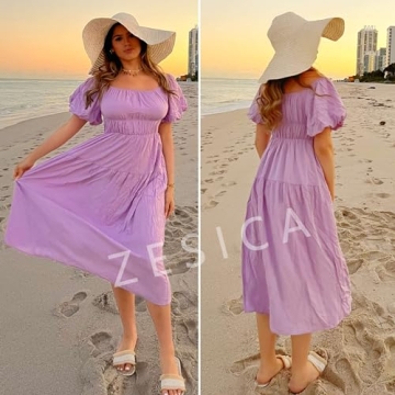 ZESICA Women's Sexy Boho Off Shoulder Puff Short Sleeve High Waist Ruffled Flowy A Line Beach Party Midi Dress,Purple,Large