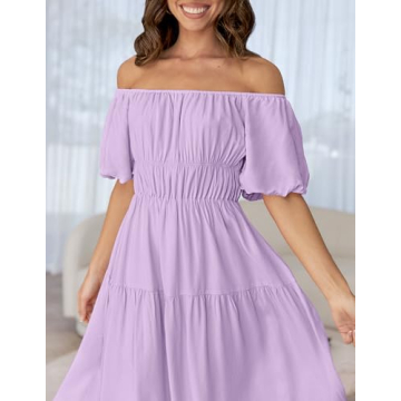 ZESICA Women's Sexy Boho Off Shoulder Puff Short Sleeve High Waist Ruffled Flowy A Line Beach Party Midi Dress,Purple,Large