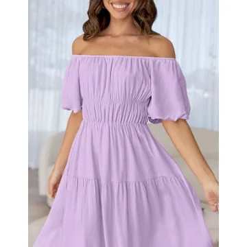 ZESICA Women's Sexy Boho Off Shoulder Puff Short Sleeve High Waist Ruffled Flowy A Line Beach Party Midi Dress,Purple,Large