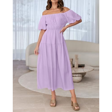 ZESICA Women's Sexy Boho Off Shoulder Puff Short Sleeve High Waist Ruffled Flowy A Line Beach Party Midi Dress,Purple,Large