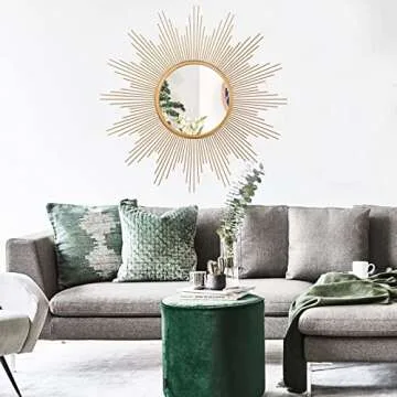 Cityelf 24'' Large Sunburst Mirror Wall Decor Gold Metal Mirror for Wall Iron Frame Boho Home Decor Hanging Decorative Wall Mirror for Living Room/Bedroom/Bathroom/Entryway