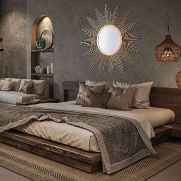 Cityelf 24'' Large Sunburst Mirror Wall Decor Gold Metal Mirror for Wall Iron Frame Boho Home Decor Hanging Decorative Wall Mirror for Living Room/Bedroom/Bathroom/Entryway