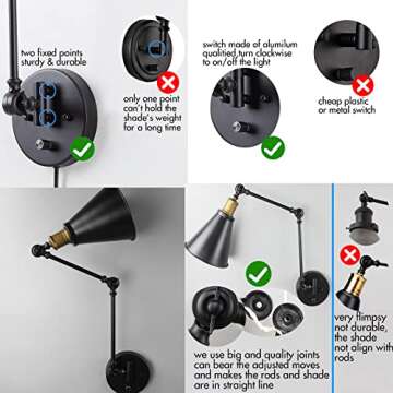 CLAXY Industrial Black and Antique Brass Swing Arm Wall Light Functional Sconce Light-2 Pack