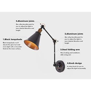 CLAXY Industrial Black and Antique Brass Swing Arm Wall Light Functional Sconce Light-2 Pack
