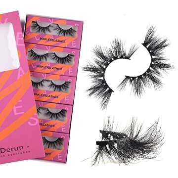 Derun 5 Pairs 20MM 3D Long Real Mink Lashes Pack Natural Look Fluffy Volume Eyelashes Handmade Thick Soft Reusable Dramatic Criss-cross Lash (5Pairs1Style(Pixie))