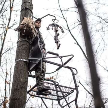 Hawk 21' Sasquatch 1.5-Man Ladder Stand | Durable Hunting Archery Steel 1 Person Tree Stand with Flip Up Chair, Hercules Cross Grip Safety System & Noise Free Ladder