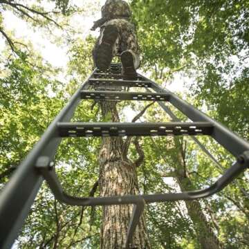 Hawk 21' Sasquatch 1.5-Man Ladder Stand | Durable Hunting Archery Steel 1 Person Tree Stand with Flip Up Chair, Hercules Cross Grip Safety System & Noise Free Ladder