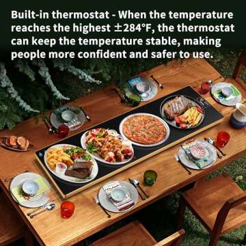 Electric Warming Tray（Extra Long 40”x12”），Food Warmer with Thermostat and Full Surface Heating，Food Warming Mat with 2 Temperature Modes for Parties Buffet，Gatherings，Gold Edge Warming Mat for Food