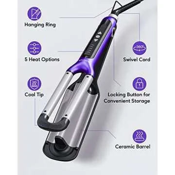 Wavytalk Hair Waver 3 Barrel Deep Hair Crimper Beachy Waves Curling Iron Ceramic Curling Wand Adjustable Heat Range for All Hair Types Dual Voltage for Travel, Purple
