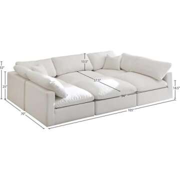 Meridian Furniture 602Cream-Sec6C Plush Collection Contemporary Down Filled Comfort Overstuffed Velvet Upholstered Modular U-Shaped Sectional 5-Seater and 1 Ottoman Cream