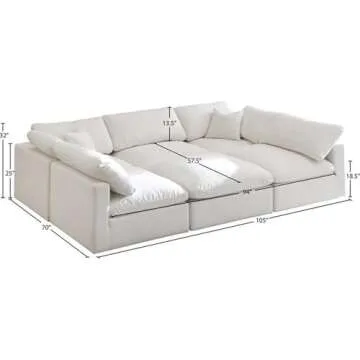 Meridian Furniture 602Cream-Sec6C Plush Collection Contemporary Down Filled Comfort Overstuffed Velvet Upholstered Modular U-Shaped Sectional 5-Seater and 1 Ottoman Cream