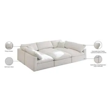 Meridian Furniture 602Cream-Sec6C Plush Collection Contemporary Down Filled Comfort Overstuffed Velvet Upholstered Modular U-Shaped Sectional 5-Seater and 1 Ottoman Cream