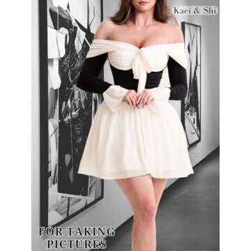 Kaei&Shi Date Night Dresses for Women, Cute Tulle Bell Flare, Homecoming Birthday Dinner, Sexy Off Shoulder Mini Long Sleeve