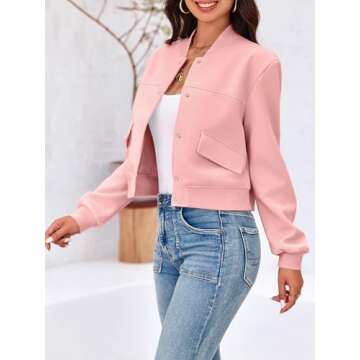Tankaneo Womens Cropped Bomber Jackets Casual Button Down Long Sleeve Stand Collar Varsity Shacket Coats