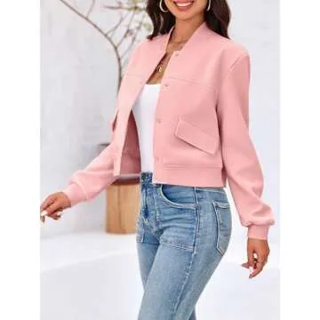 Tankaneo Womens Cropped Bomber Jackets Casual Button Down Long Sleeve Stand Collar Varsity Shacket Coats