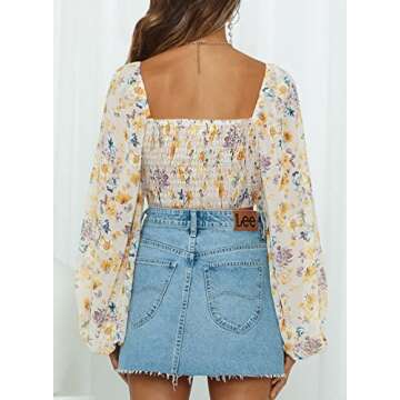AlvaQ Square Neck Tops for Women Puff Long Sleeve Blouses Smocked Tops Boho Floral Crop Tops,US 4-6(S) Yellow