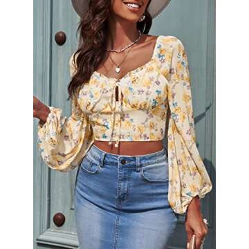 AlvaQ Square Neck Tops for Women Puff Long Sleeve Blouses Smocked Tops Boho Floral Crop Tops,US 4-6(S) Yellow