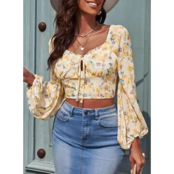 AlvaQ Square Neck Tops for Women Puff Long Sleeve Blouses Smocked Tops Boho Floral Crop Tops,US 4-6(S) Yellow