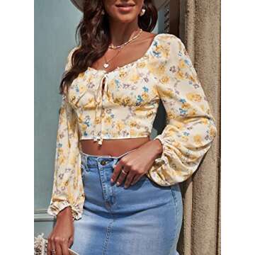 AlvaQ Square Neck Tops for Women Puff Long Sleeve Blouses Smocked Tops Boho Floral Crop Tops,US 4-6(S) Yellow
