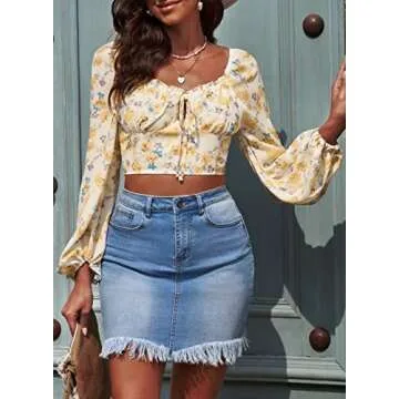 AlvaQ Square Neck Tops for Women Puff Long Sleeve Blouses Smocked Tops Boho Floral Crop Tops,US 4-6(S) Yellow
