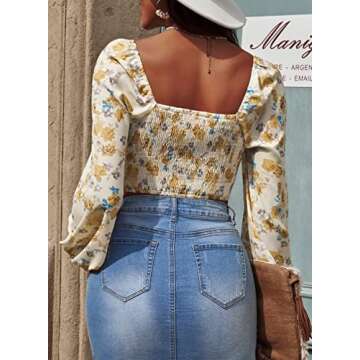 AlvaQ Square Neck Tops for Women Puff Long Sleeve Blouses Smocked Tops Boho Floral Crop Tops,US 4-6(S) Yellow