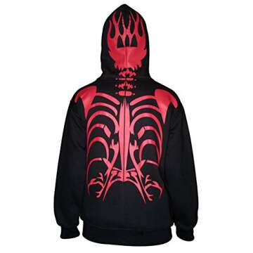 Skylinewears Men Full Face Mask Skeleton Skull Hoodie Sweatshirt Halloween Costume Black Red Bones S
