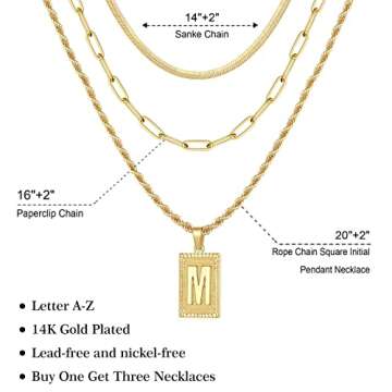 Layered Initial Necklaces for Women, 14K Gold Plated Layering Snake Choker Necklace Paperclip Chain Necklace Square Letter M Initial Necklace Gold Layered Necklaces for Women Gold Necklaces for Women