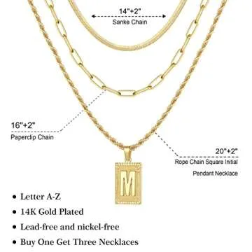 Layered Initial Necklaces for Women, 14K Gold Plated Layering Snake Choker Necklace Paperclip Chain Necklace Square Letter M Initial Necklace Gold Layered Necklaces for Women Gold Necklaces for Women