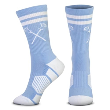 ChalkTalkSPORTS Lacrosse Performance Crew Socks - Retro Crossed Sticks Mid-Calf - Carolina & White -...