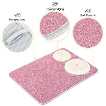 Qilmy Pink Glitter Texture Dish Drying Mats Tableware Absorption Water Mat Home Decor Drying Pad for Kitchen Countertop, 18 X 24 Inch