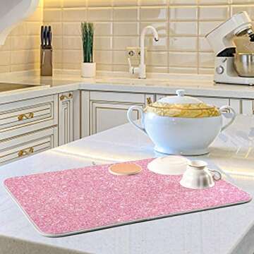 Qilmy Pink Glitter Texture Dish Drying Mats Tableware Absorption Water Mat Home Decor Drying Pad for Kitchen Countertop, 18 X 24 Inch