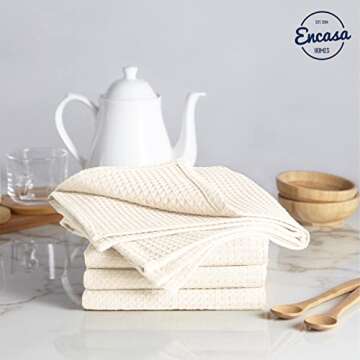Encasa XO Kitchen Dish Towels Set | Solid Off White | Waffle Weave and Flat Hand Tea Towel | 28"x18" | Quick Drying Reusable Cotton Washcloths | Multipurpose Lightweight Dishcloths Set of 4