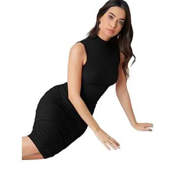 SheIn Women's Solid Mock Neck Sleeveless Ruched Bodycon Dress Black Small
