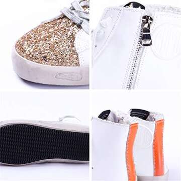 SATUKI Women's High Top Fashion Flat Sneakers Distressed Design Lace up Star Glitter Shoes (Gold, Numeric_9)