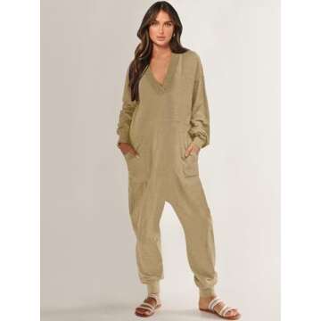 ANRABESS Jumpsuits for Women 2024 Fall Long Sleeve Casual Loose Fit Romper Lounge One Piece Pajamas Outfits Jumper Khaki Medium