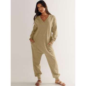 ANRABESS Jumpsuits for Women 2024 Fall Long Sleeve Casual Loose Fit Romper Lounge One Piece Pajamas Outfits Jumper Khaki Medium