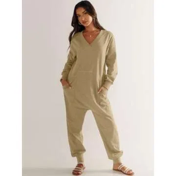 ANRABESS Jumpsuits for Women 2024 Fall Long Sleeve Casual Loose Fit Romper Lounge One Piece Pajamas Outfits Jumper Khaki Medium