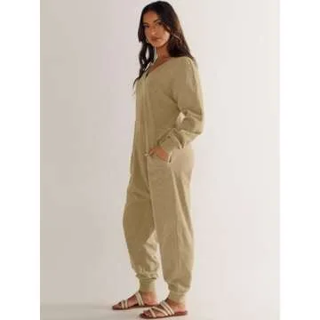ANRABESS Jumpsuits for Women 2024 Fall Long Sleeve Casual Loose Fit Romper Lounge One Piece Pajamas Outfits Jumper Khaki Medium