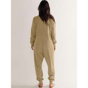 ANRABESS Jumpsuits for Women 2024 Fall Long Sleeve Casual Loose Fit Romper Lounge One Piece Pajamas Outfits Jumper Khaki Medium