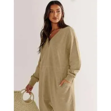 ANRABESS Jumpsuits for Women 2024 Fall Long Sleeve Casual Loose Fit Romper Lounge One Piece Pajamas Outfits Jumper Khaki Medium
