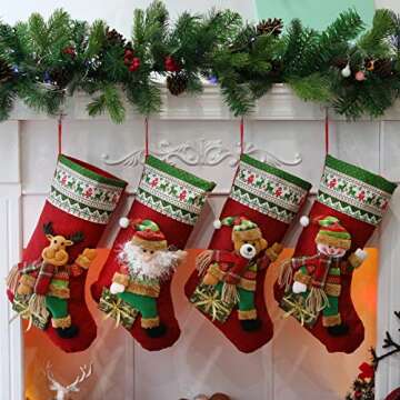 Houwsbaby Set of 4 Christmas Stockings Kit 3D Santa Snowman Bear Reindeer Flax Socks Holders Ornamen...